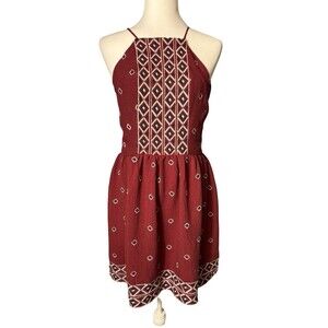 ALYA BOHO EMBROIDERED HALTER DRESS BURGUNDY JUNIORS L GUC